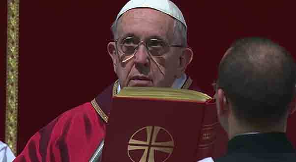 Pope Francis presides on the mass in the celebration of the Passion of Christ.